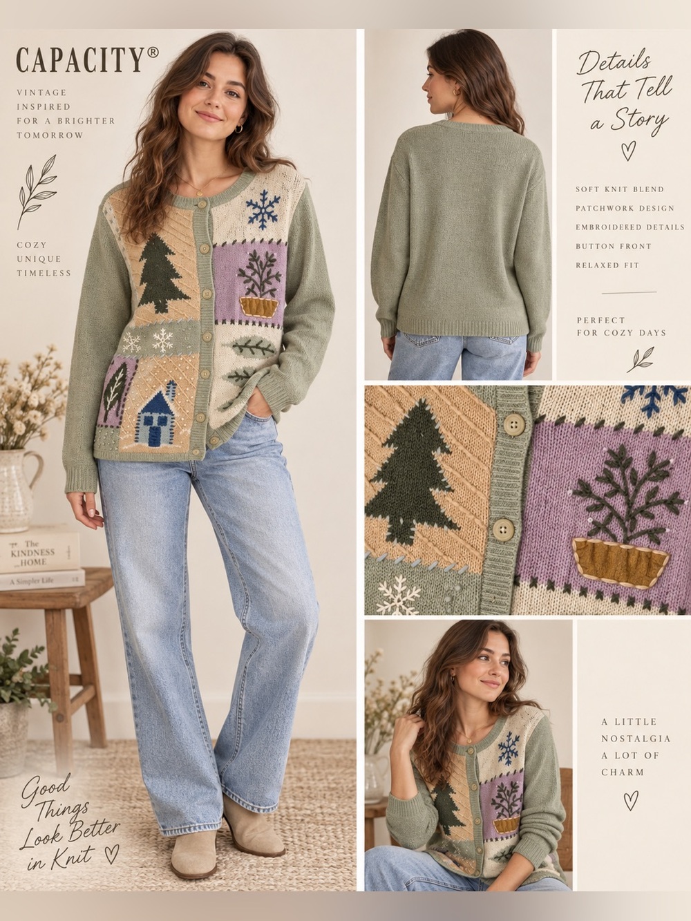 Capacity Patchwork Embroidered Cardigan Sweater M Ramie Wool Cottagecore